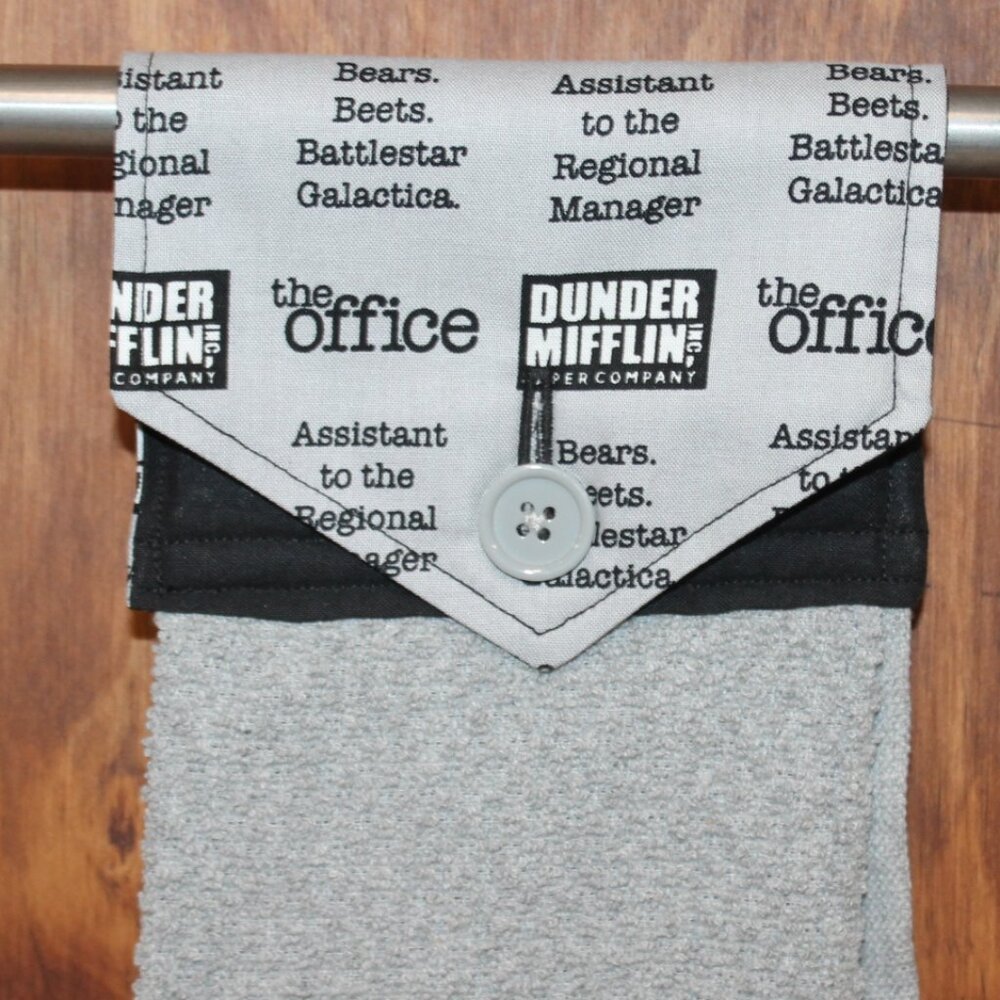 "THE OFFICE" BLACK & GRAY PRINT HANDMADE HANGING HAND COTTON TOWEL GRAY TOWEL